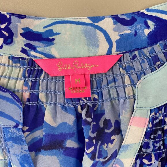 Lilly Pulitzer Top Womens Medium Silk Floral Blue Tang Flocking Fabulous NWOT - Picture 13 of 14